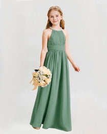 Eucalyptus Junior Bridesmaid Dress Pearl Trim Halter Slit Chiffon Floor-Length Gown Front View