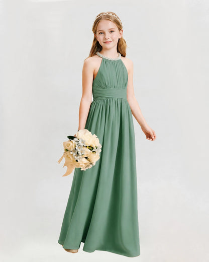 Eucalyptus Junior Bridesmaid Dress Pearl Trim Halter Slit Chiffon Floor-Length Gown Front View