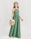 Eucalyptus Junior Bridesmaid Dress Pearl Trim Halter Slit Chiffon Floor-Length Gown Front View