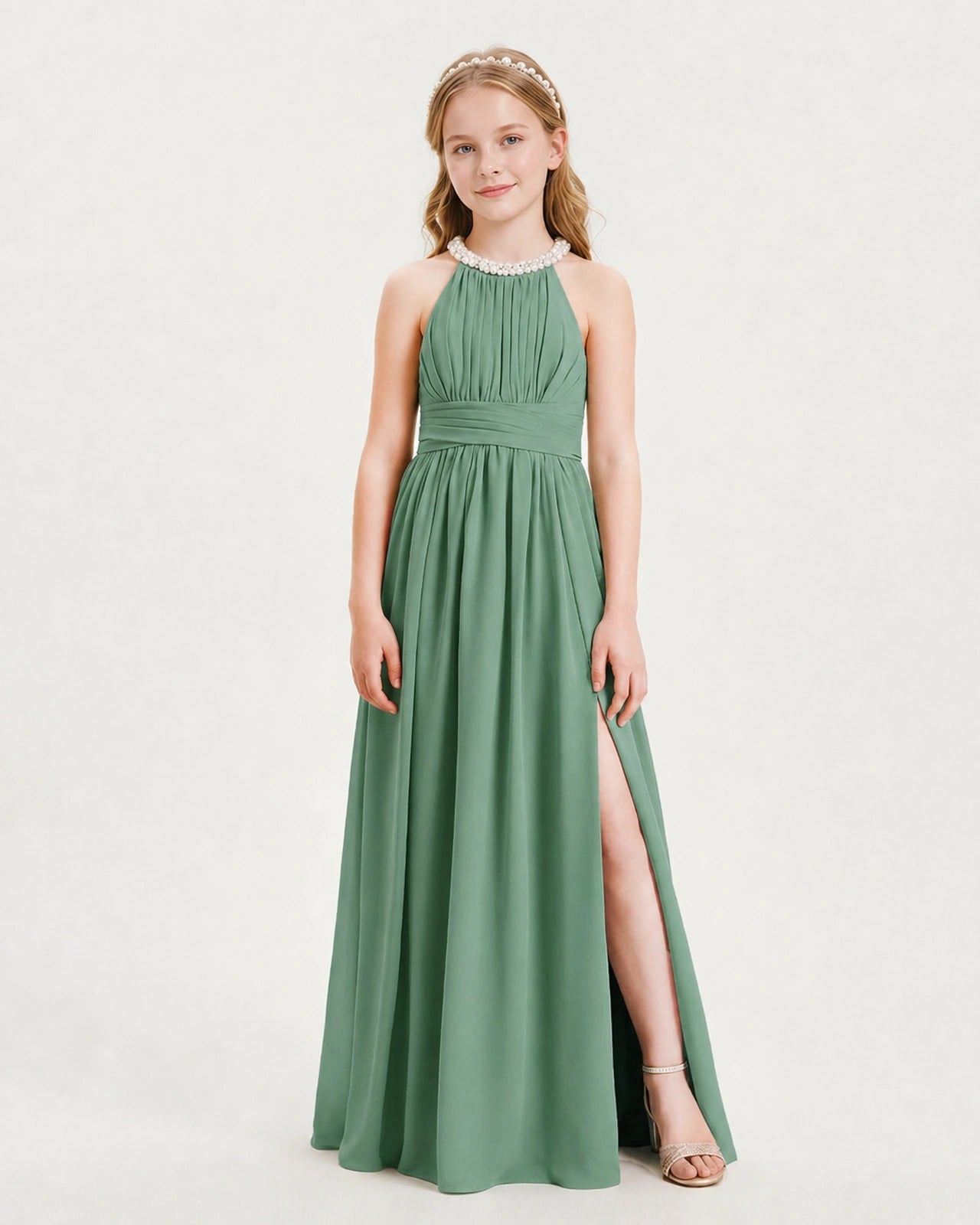 Eucalyptus Junior Bridesmaid Dress Pearl Trim Halter Slit Chiffon Floor-Length Gown Front View