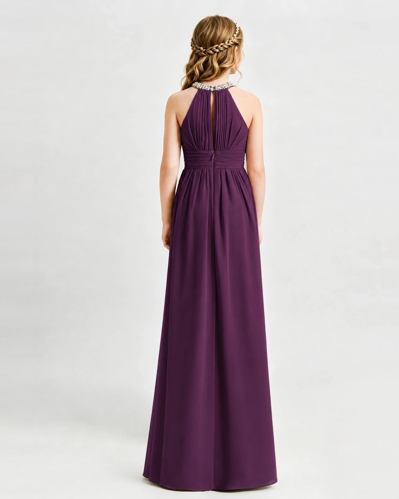 Grape Junior Bridesmaid Dress Pearl Trim Halter Slit Chiffon Floor-Length Gown Back View