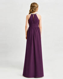 Grape Junior Bridesmaid Dress Pearl Trim Halter Slit Chiffon Floor-Length Gown Back View