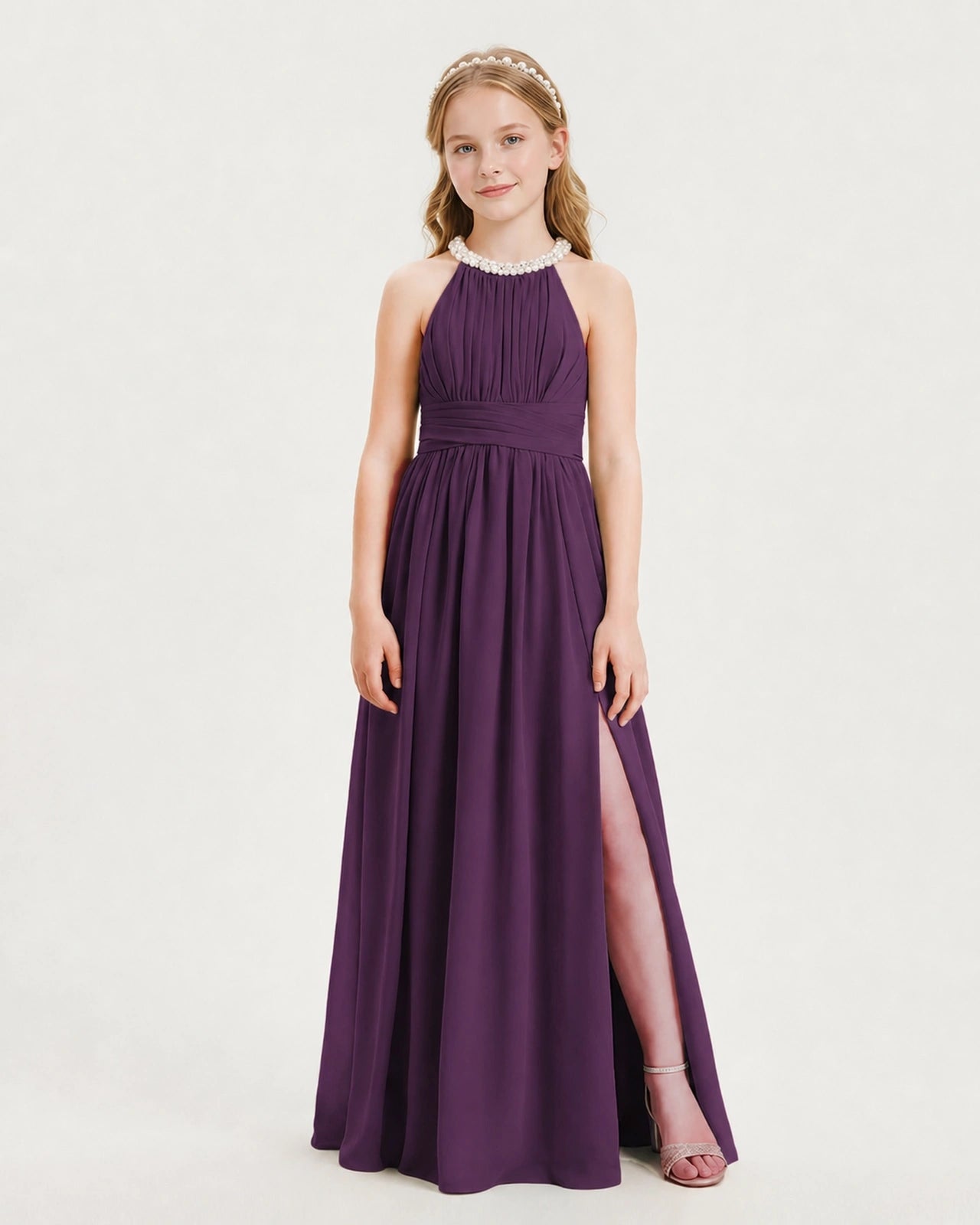 Grape Junior Bridesmaid Dress Pearl Trim Halter Slit Chiffon Floor-Length Gown Front View