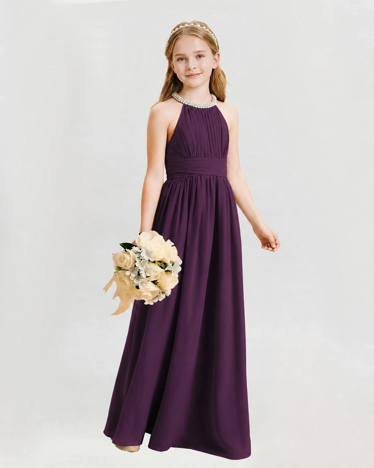Grape Junior Bridesmaid Dress Pearl Trim Halter Slit Chiffon Floor-Length Gown Front View