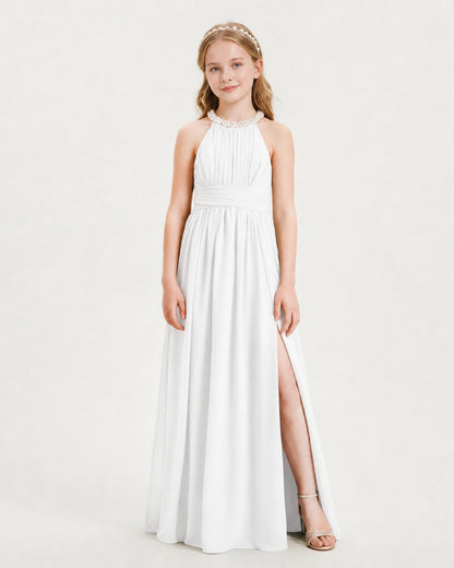 Ivory Junior Bridesmaid Dress Pearl Trim Halter Slit Chiffon Floor-Length Gown Front View