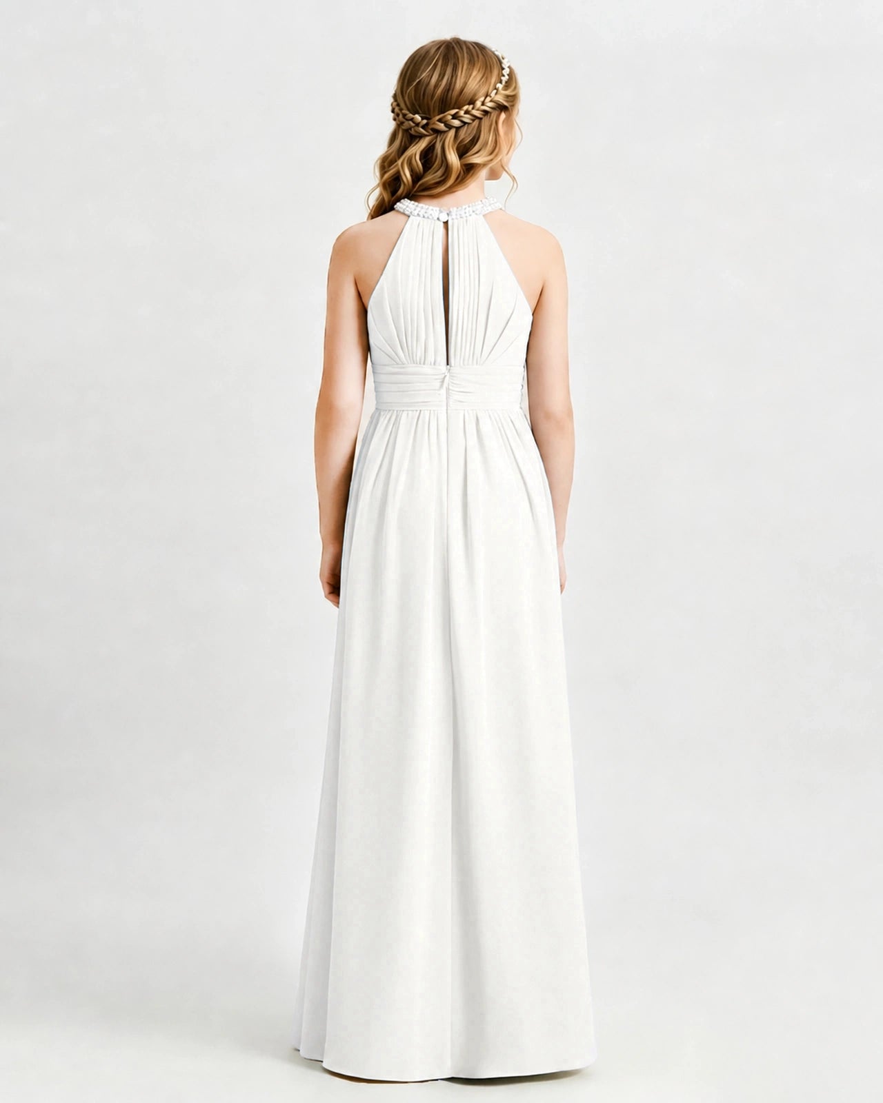 Ivory Junior Bridesmaid Dress Pearl Trim Halter Slit Chiffon Floor-Length Gown Back View