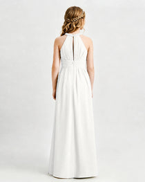 Ivory Junior Bridesmaid Dress Pearl Trim Halter Slit Chiffon Floor-Length Gown Back View