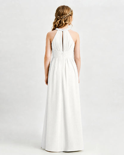 Ivory Junior Bridesmaid Dress Pearl Trim Halter Slit Chiffon Floor-Length Gown Back View