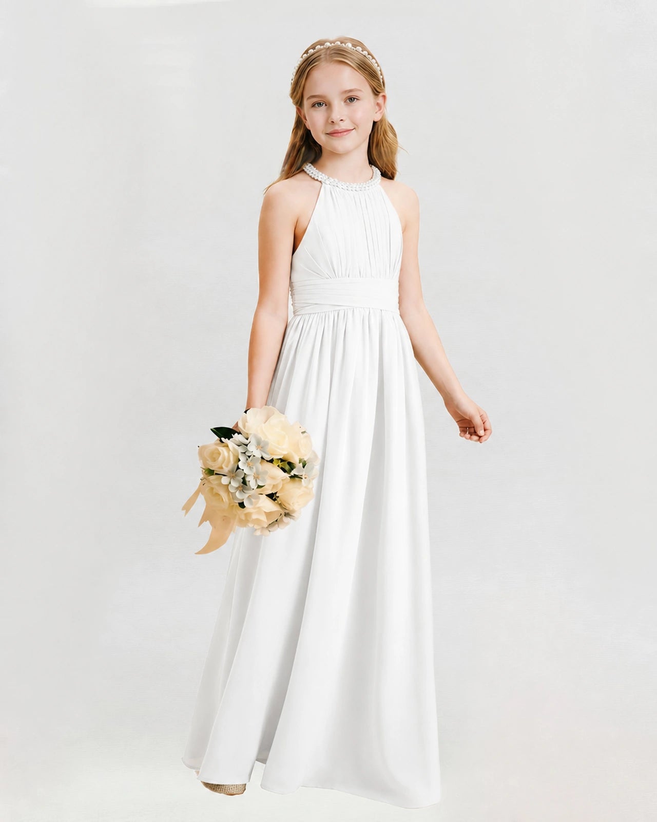 Ivory Junior Bridesmaid Dress Pearl Trim Halter Slit Chiffon Floor-Length Gown Front View