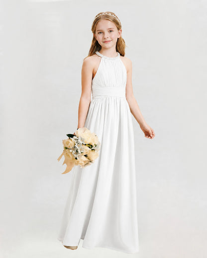 Ivory Junior Bridesmaid Dress Pearl Trim Halter Slit Chiffon Floor-Length Gown Front View