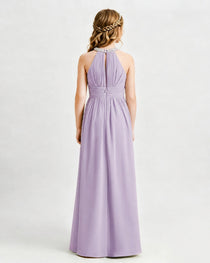 Lavender Junior Bridesmaid Dress Pearl Trim Halter Slit Chiffon Floor-Length Gown Back View