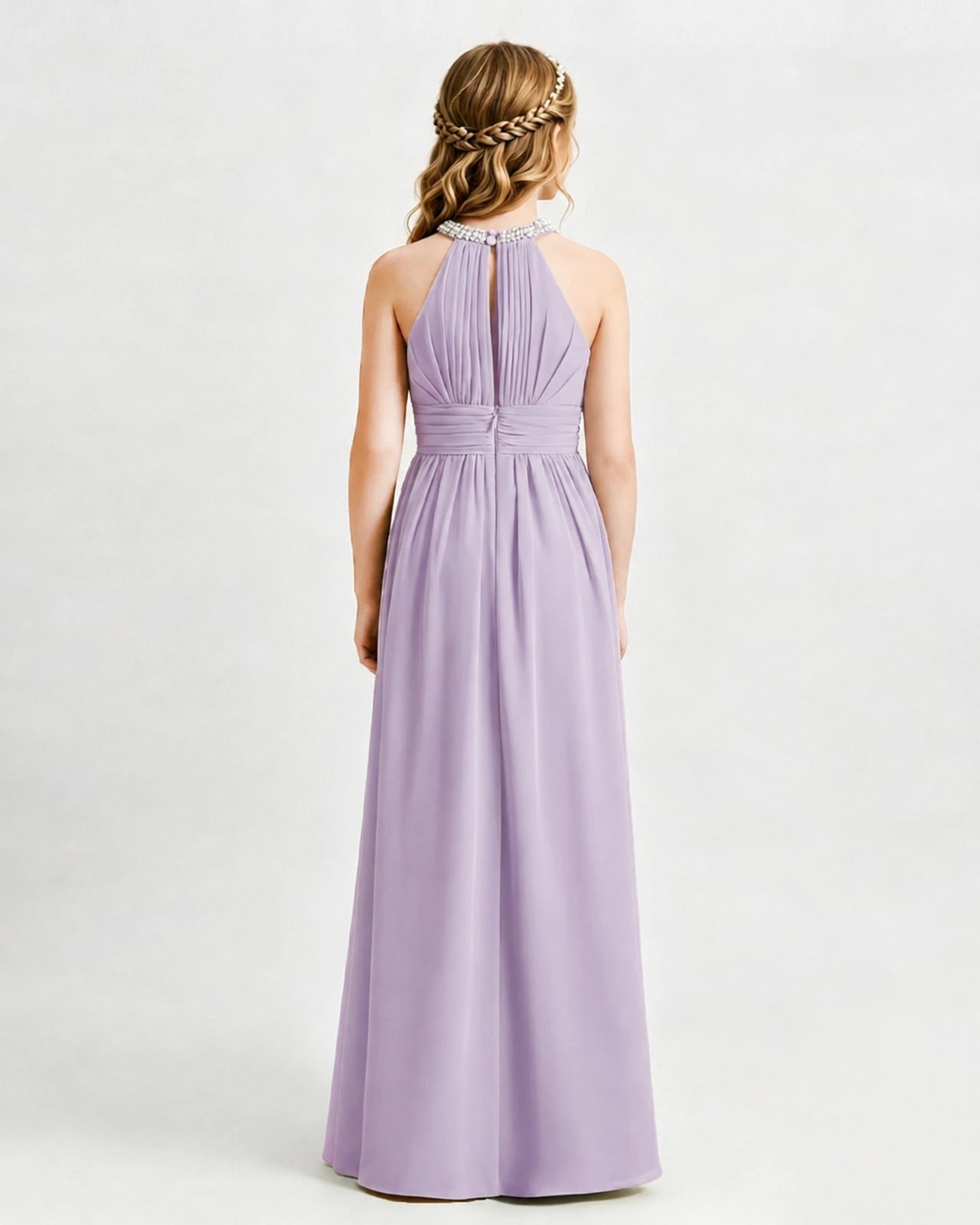 Lavender Junior Bridesmaid Dress Pearl Trim Halter Slit Chiffon Floor-Length Gown Back View