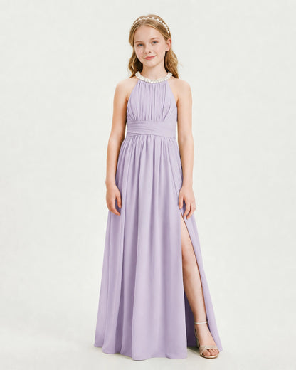 Lavender Junior Bridesmaid Dress Pearl Trim Halter Slit Chiffon Floor-Length Gown Front View