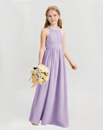 Lavender Junior Bridesmaid Dress Pearl Trim Halter Slit Chiffon Floor-Length Gown Front View
