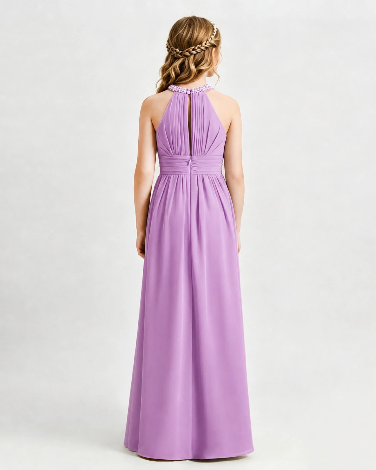 Lilac Junior Bridesmaid Dress Pearl Trim Halter Slit Chiffon Floor-Length Gown Back View