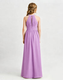 Lilac Junior Bridesmaid Dress Pearl Trim Halter Slit Chiffon Floor-Length Gown Back View