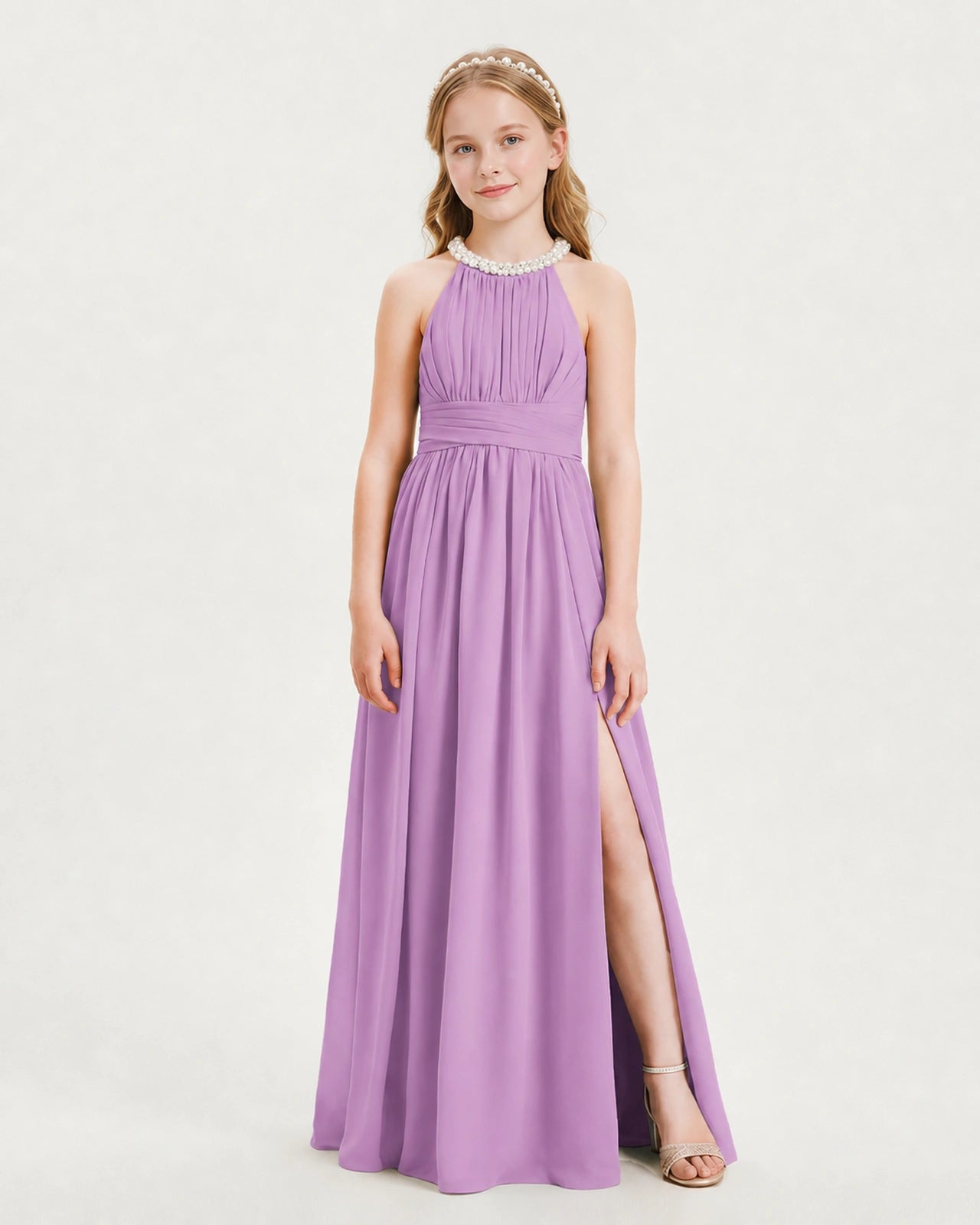 Lilac Junior Bridesmaid Dress Pearl Trim Halter Slit Chiffon Floor-Length Gown Front View