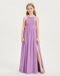 Lilac Junior Bridesmaid Dress Pearl Trim Halter Slit Chiffon Floor-Length Gown Front View