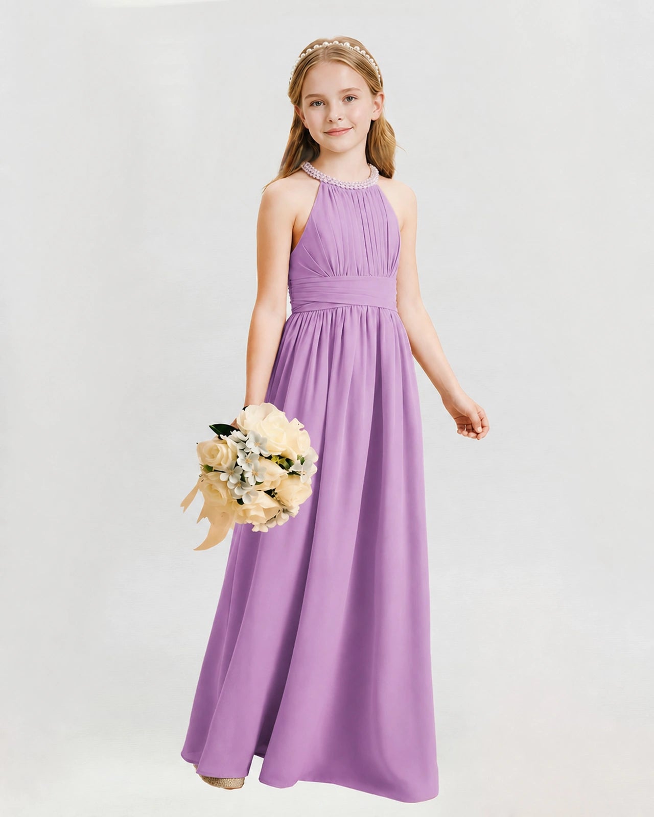 Lilac Junior Bridesmaid Dress Pearl Trim Halter Slit Chiffon Floor-Length Gown Front View