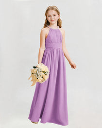Lilac Junior Bridesmaid Dress Pearl Trim Halter Slit Chiffon Floor-Length Gown Front View