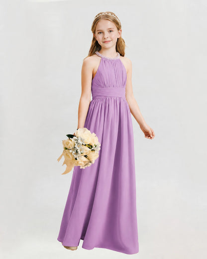 Lilac Junior Bridesmaid Dress Pearl Trim Halter Slit Chiffon Floor-Length Gown Front View