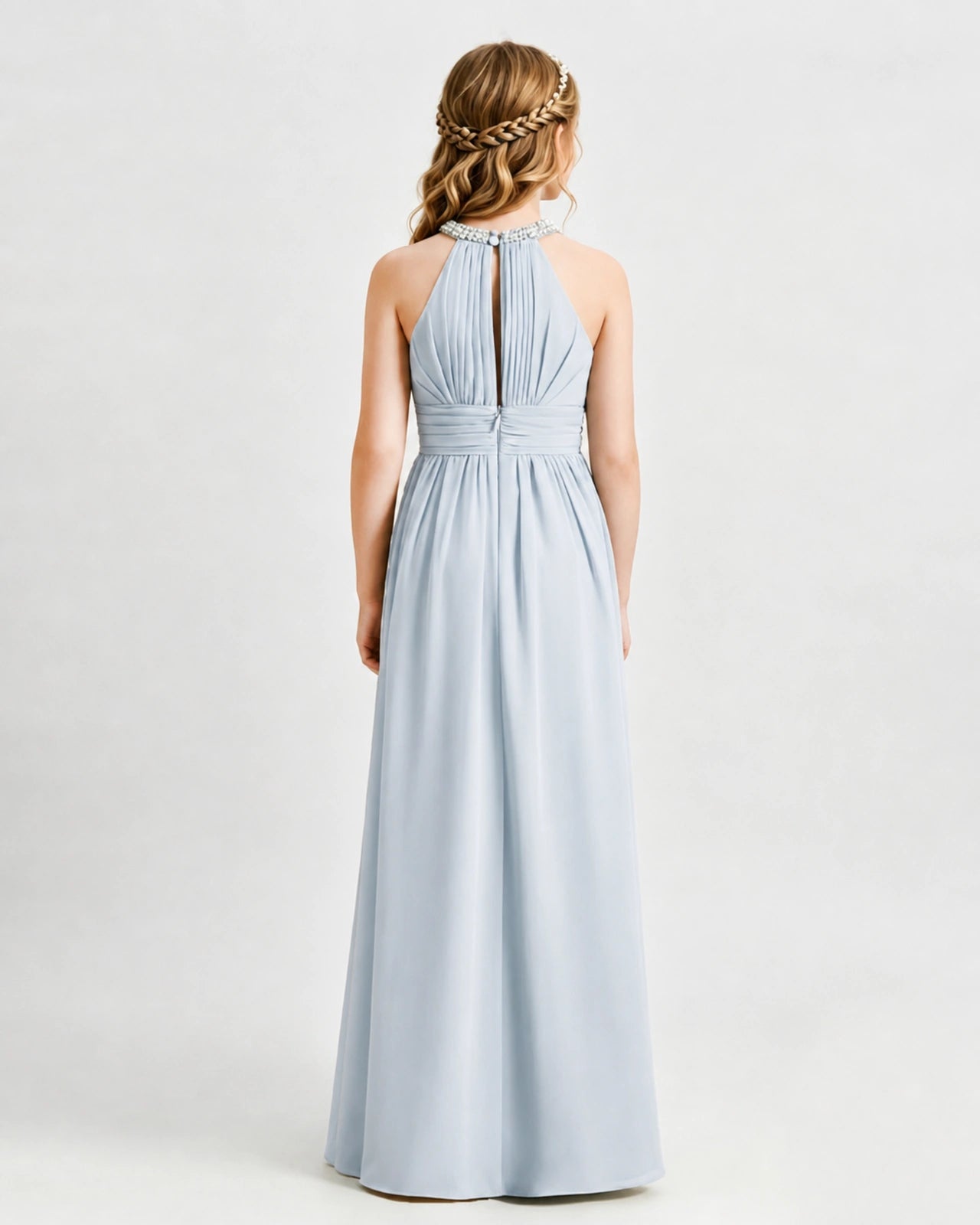 Mist Junior Bridesmaid Dress Pearl Trim Halter Slit Chiffon Floor-Length Gown Back View