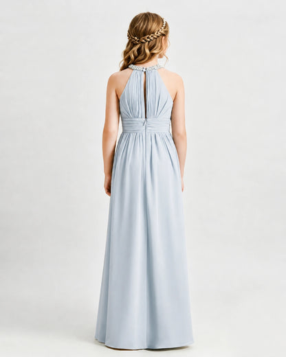 Mist Junior Bridesmaid Dress Pearl Trim Halter Slit Chiffon Floor-Length Gown Back View