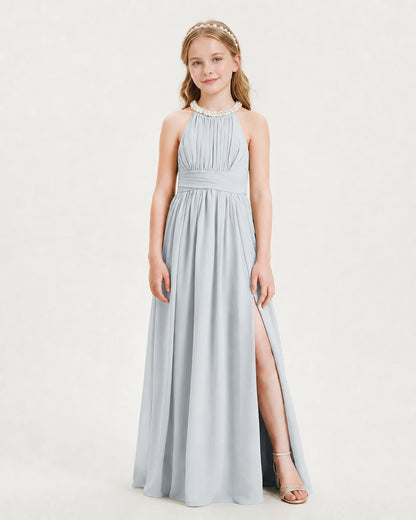 Mist Junior Bridesmaid Dress Pearl Trim Halter Slit Chiffon Floor-Length Gown Front View