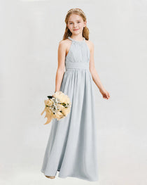 Mist Junior Bridesmaid Dress Pearl Trim Halter Slit Chiffon Floor-Length Gown Front View