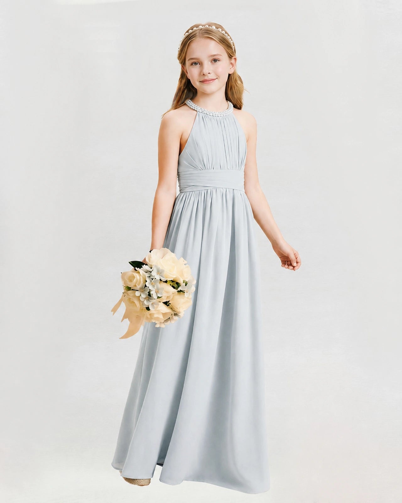 Mist Junior Bridesmaid Dress Pearl Trim Halter Slit Chiffon Floor-Length Gown Front View