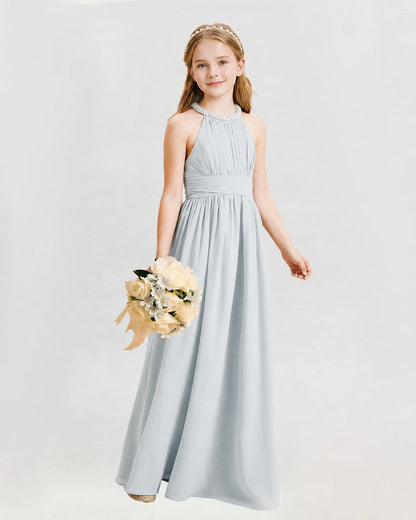 Mist Junior Bridesmaid Dress Pearl Trim Halter Slit Chiffon Floor-Length Gown Front View