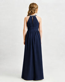 Navy Blue Junior Bridesmaid Dress Pearl Trim Halter Slit Chiffon Floor-Length Gown Back View