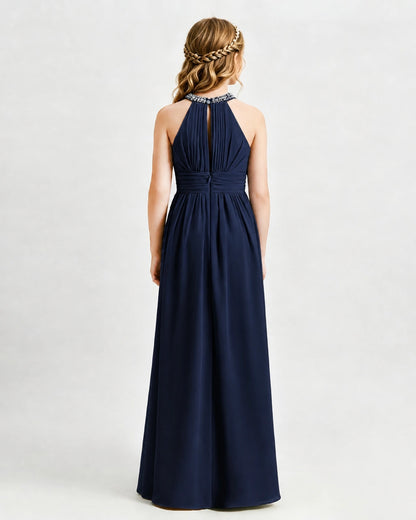 Navy Blue Junior Bridesmaid Dress Pearl Trim Halter Slit Chiffon Floor-Length Gown Back View