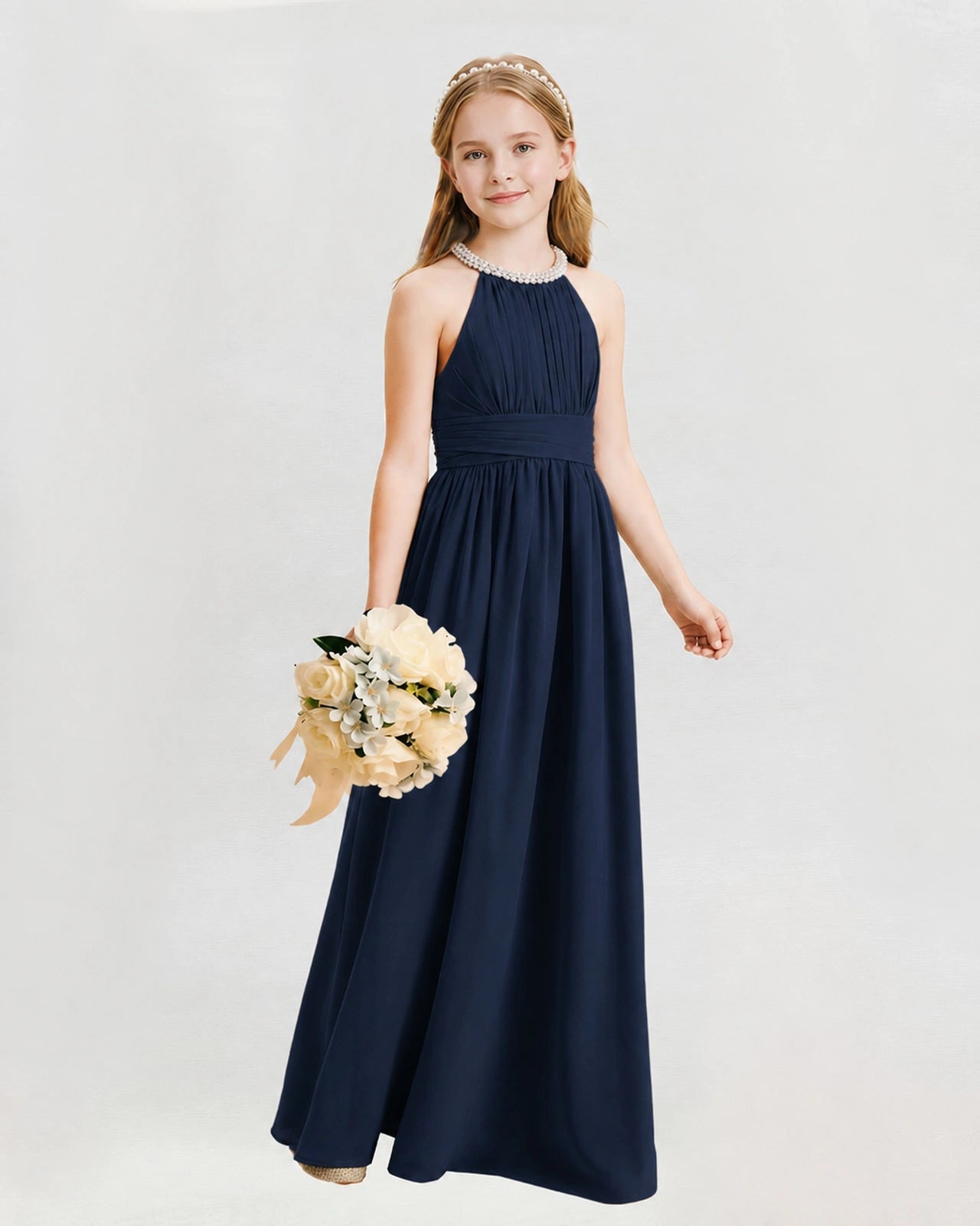 Navy Blue Junior Bridesmaid Dress Pearl Trim Halter Slit Chiffon Floor-Length Gown Front View
