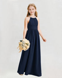 Navy Blue Junior Bridesmaid Dress Pearl Trim Halter Slit Chiffon Floor-Length Gown Front View
