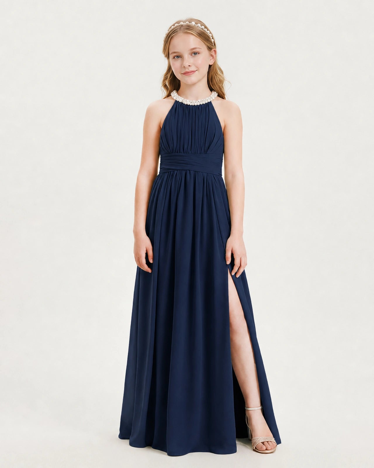 Navy Blue Junior Bridesmaid Dress Pearl Trim Halter Slit Chiffon Floor-Length Gown Front View