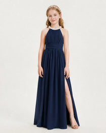 Navy Blue Junior Bridesmaid Dress Pearl Trim Halter Slit Chiffon Floor-Length Gown Front View