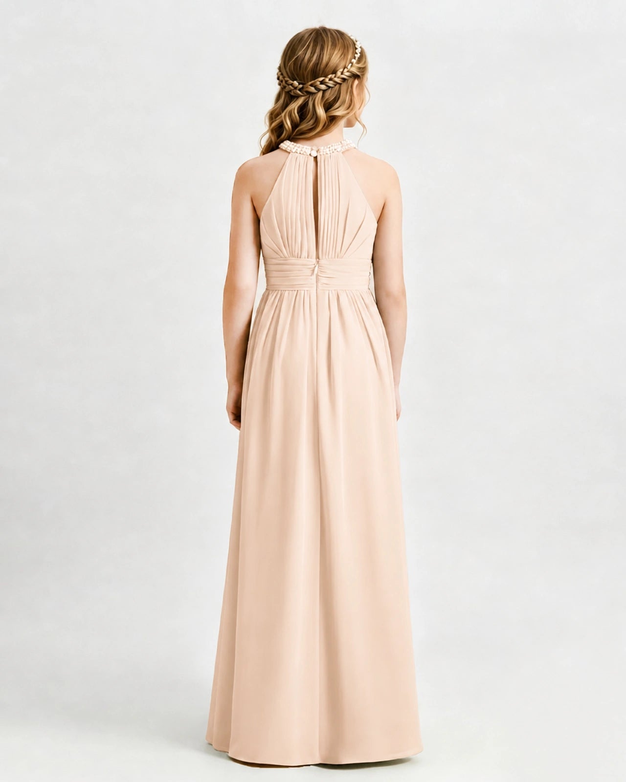 Peach Junior Bridesmaid Dress Pearl Trim Halter Slit Chiffon Floor-Length Gown Back View