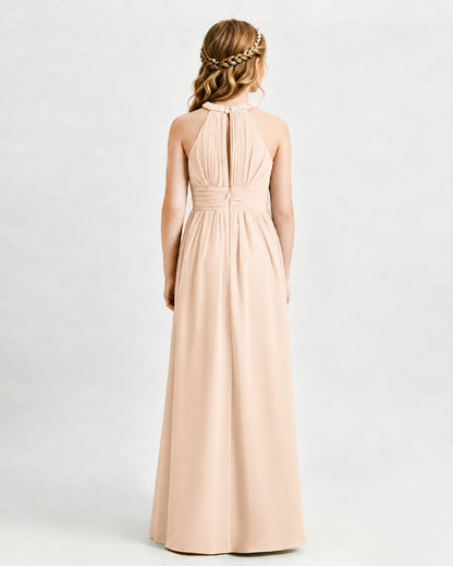 Peach Junior Bridesmaid Dress Pearl Trim Halter Slit Chiffon Floor-Length Gown Back View