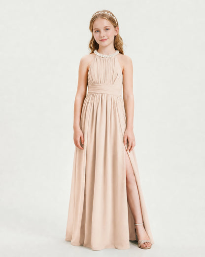Peach Junior Bridesmaid Dress Pearl Trim Halter Slit Chiffon Floor-Length Gown Front View