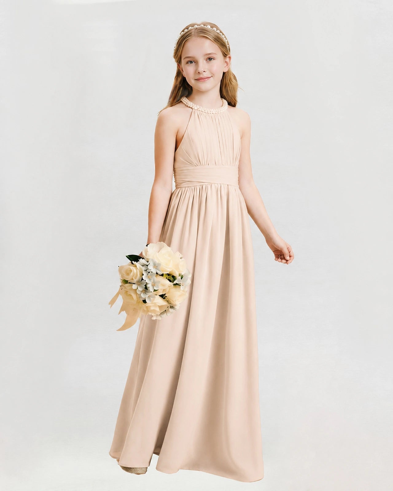 Peach Junior Bridesmaid Dress Pearl Trim Halter Slit Chiffon Floor-Length Gown Front View