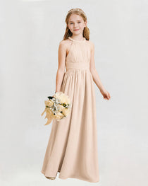 Peach Junior Bridesmaid Dress Pearl Trim Halter Slit Chiffon Floor-Length Gown Front View