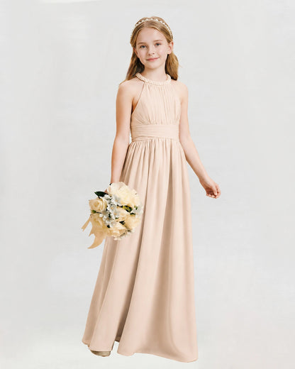 Peach Junior Bridesmaid Dress Pearl Trim Halter Slit Chiffon Floor-Length Gown Front View