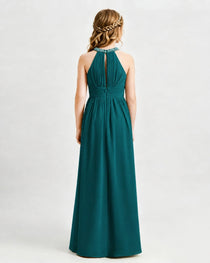 Peacock Junior Bridesmaid Dress Pearl Trim Halter Slit Chiffon Floor-Length Gown Back View