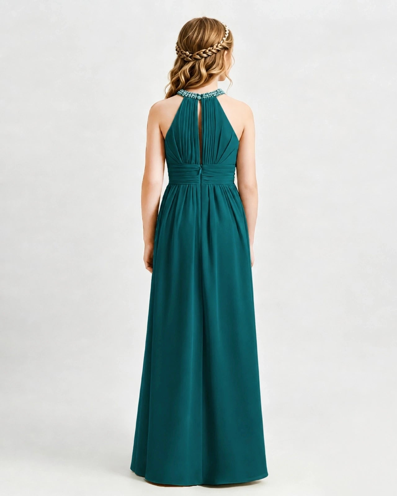 Peacock Junior Bridesmaid Dress Pearl Trim Halter Slit Chiffon Floor-Length Gown Back View