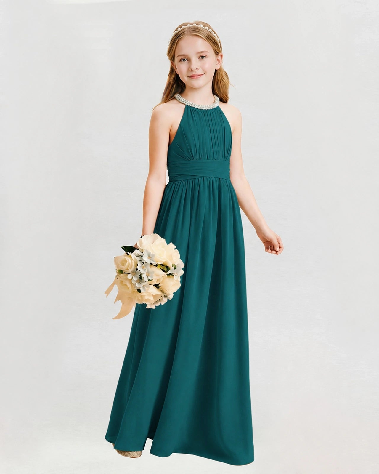 Peacock Junior Bridesmaid Dress Pearl Trim Halter Slit Chiffon Floor-Length Gown Front View
