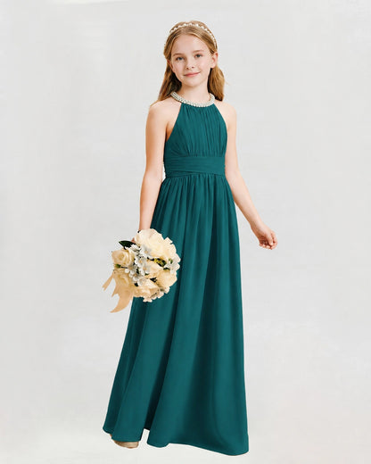 Peacock Junior Bridesmaid Dress Pearl Trim Halter Slit Chiffon Floor-Length Gown Front View