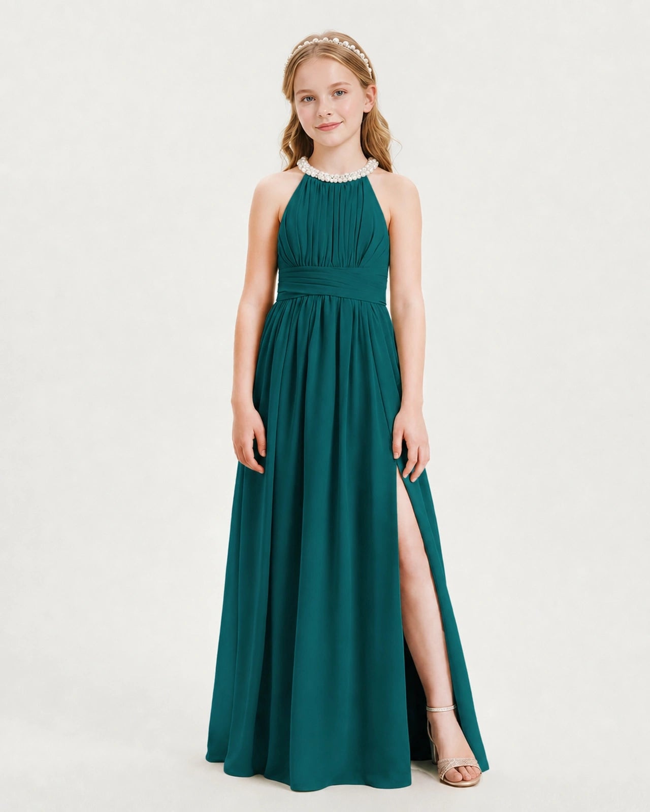 Peacock Junior Bridesmaid Dress Pearl Trim Halter Slit Chiffon Floor-Length Gown Front View