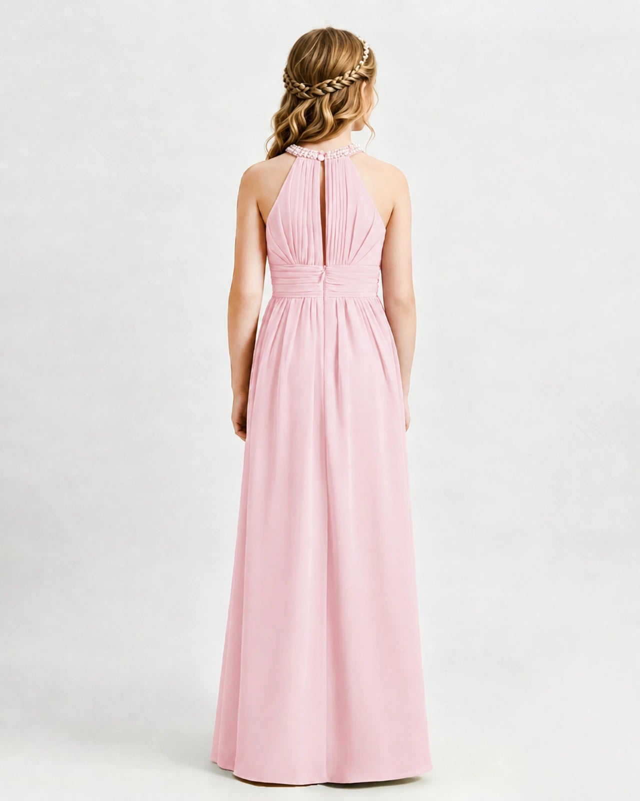 Pink Junior Bridesmaid Dress Pearl Trim Halter Slit Chiffon Floor-Length Gown Back View