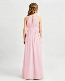 Pink Junior Bridesmaid Dress Pearl Trim Halter Slit Chiffon Floor-Length Gown Back View